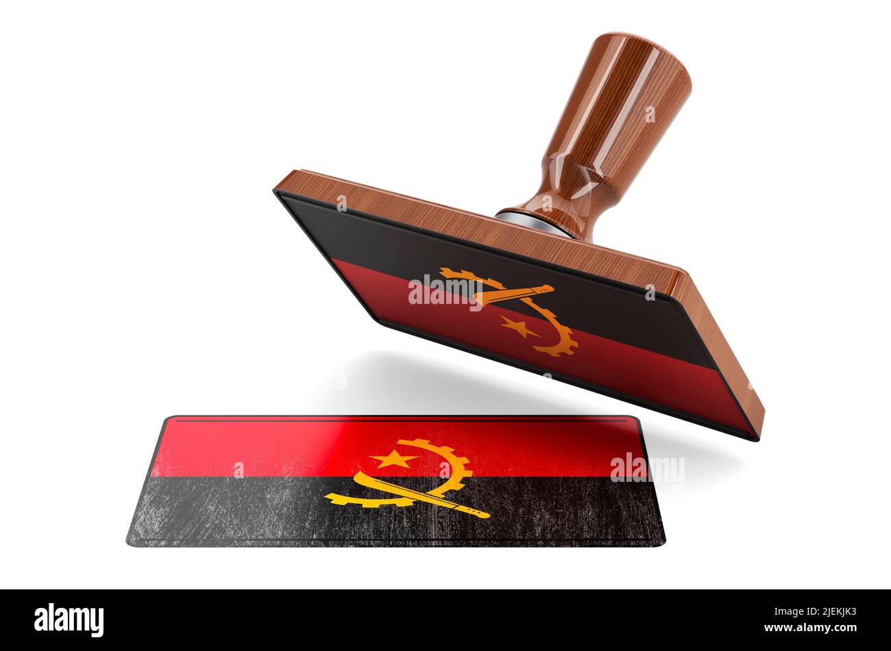 Wooden stamper, seal with Angolan flag, 3D rendering isolated on white ...