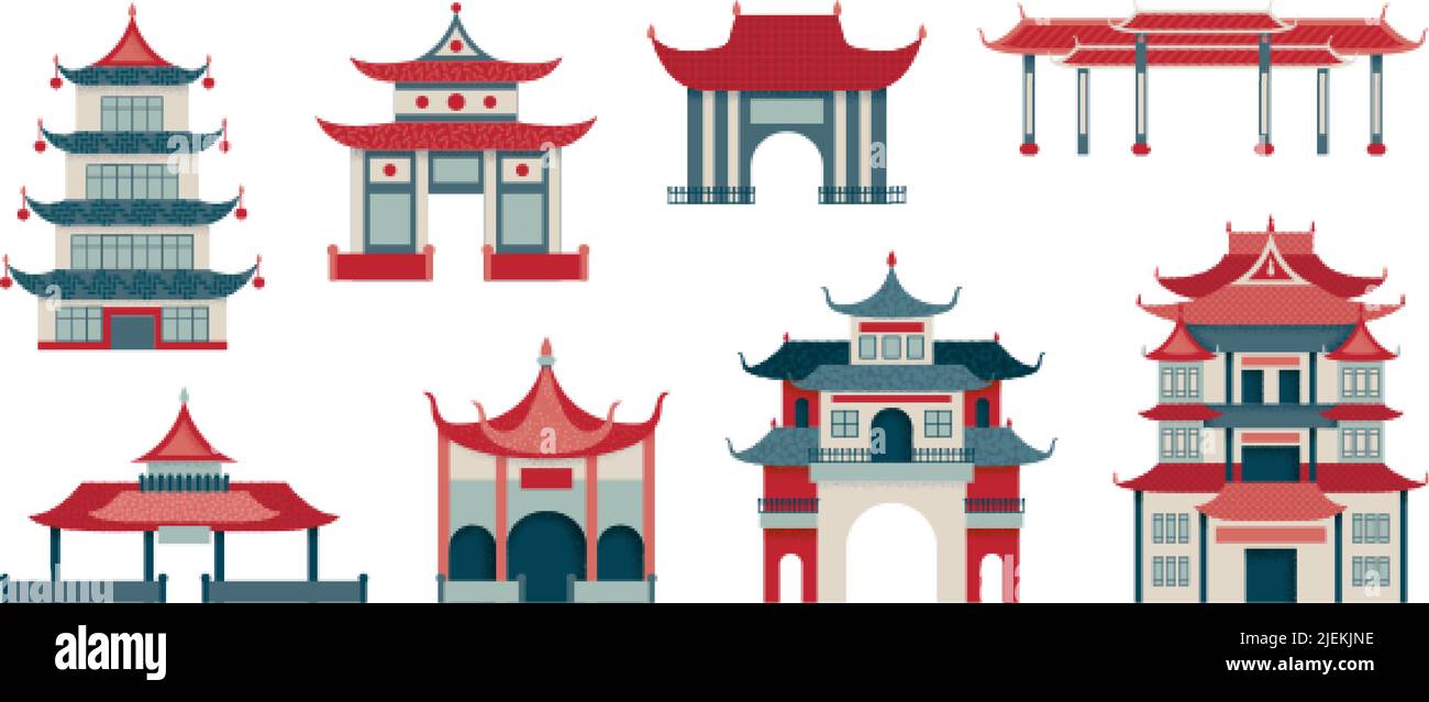 Chinese temples and buildings. Pagoda on china street, japanese housing and roof. Traditional oriental architecture, swanky palace and gates vector Stock Vector