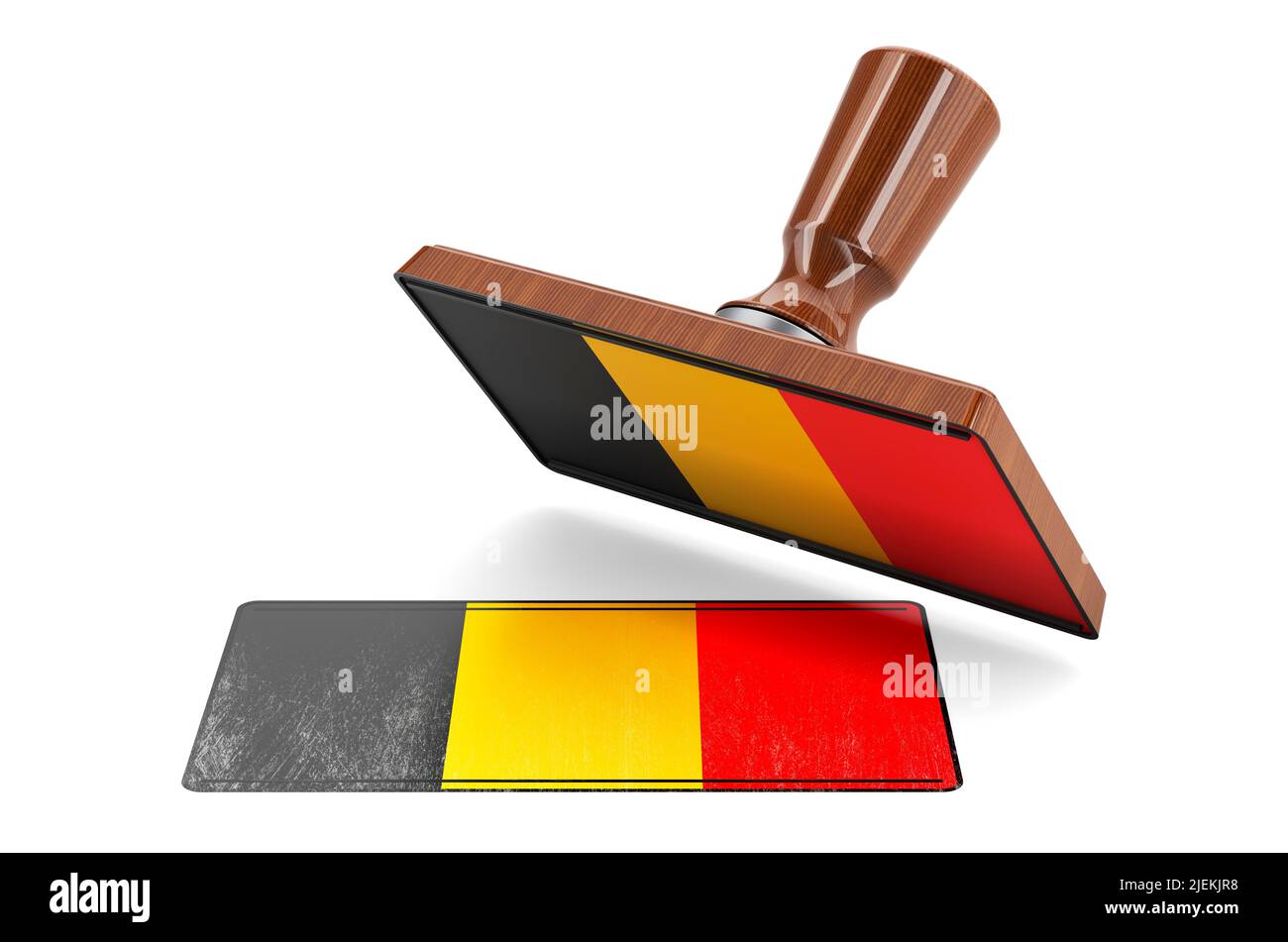 Wooden stamper, seal with Belgian flag, 3D rendering isolated on white ...