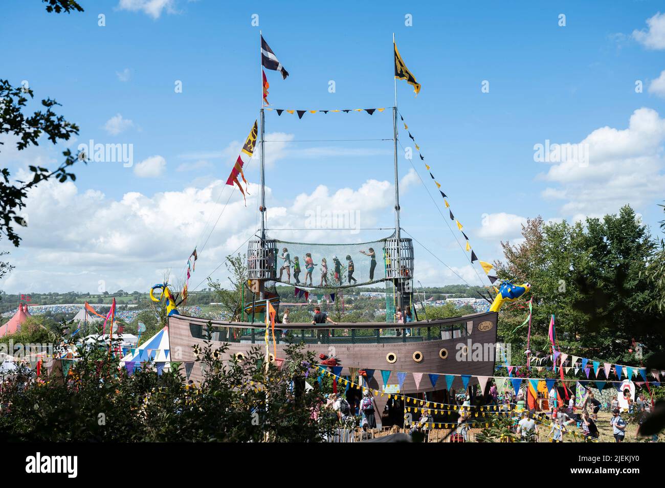Glastonbury, UK. 26th June 2022.  View of the Greenpeace children’s play area ship at Glastonbury Festival, at Worthy Farm in Somerset. Picture date: Sunday June 26, 2022. Photo credit should read: David Jensen/Empics/Alamy Live News Stock Photo