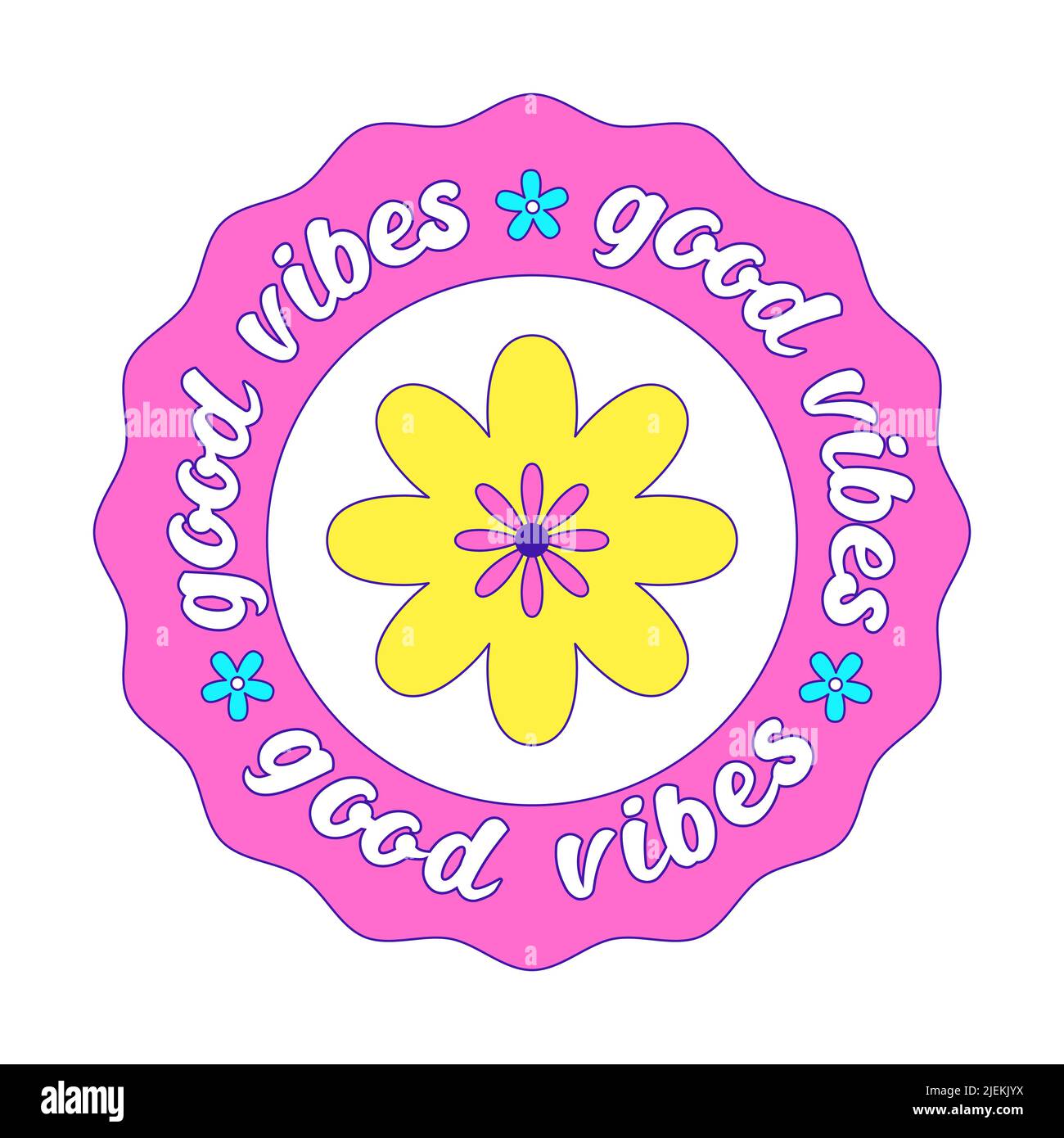 Girly Y2k sticker. A round patch with a flower and the words Good vibes repeating in a circle. Text graphic element in acid colors. Nostalgia for the Stock Vector