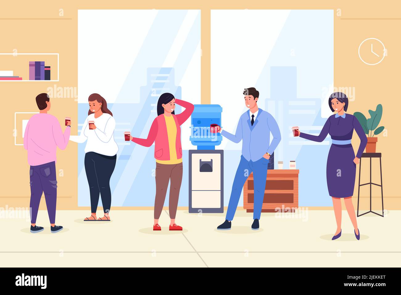 Cooler conversation. Coworkers gossip on coffee break or rest