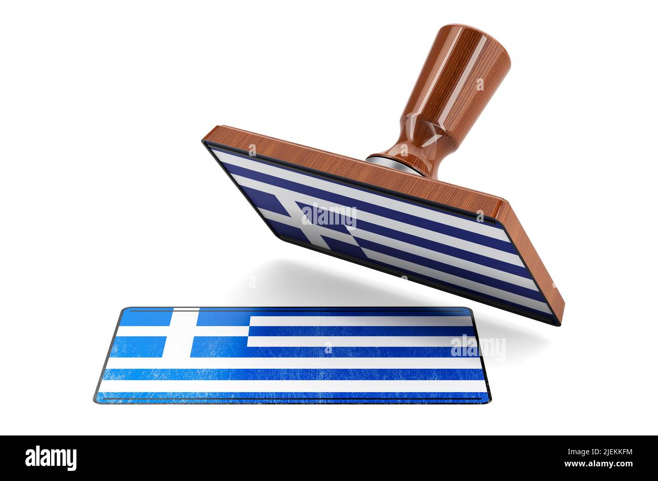 Wooden stamper, seal with Greek flag, 3D rendering isolated on white