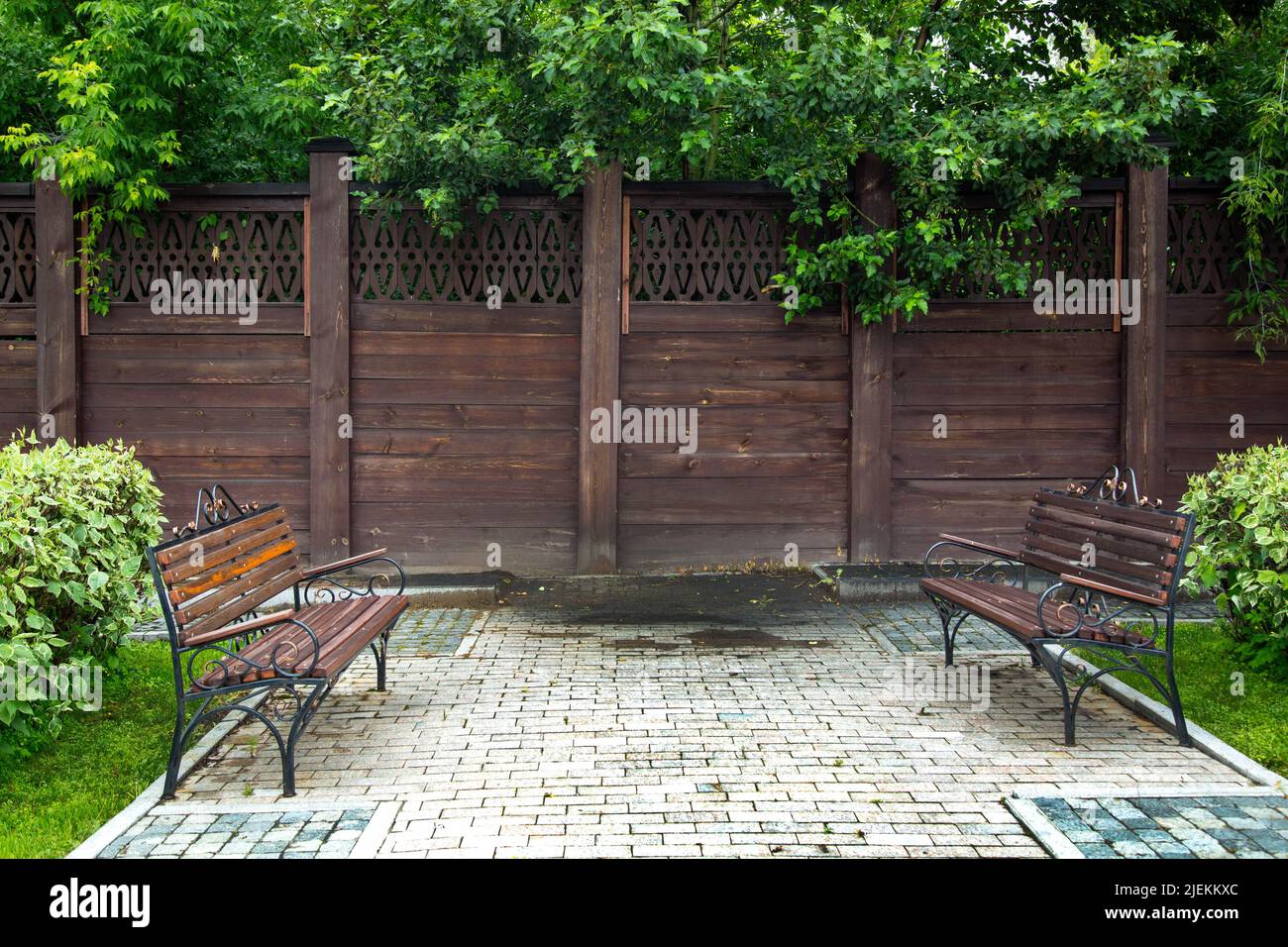 Two benches stand opposite each other against the backdrop of a high