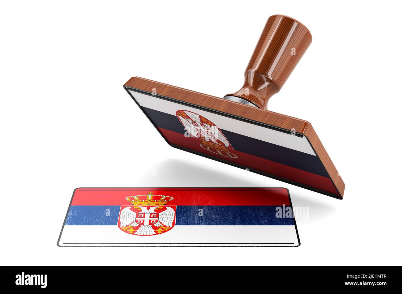 Wooden stamper, seal with Serbian flag, 3D rendering isolated on white ...