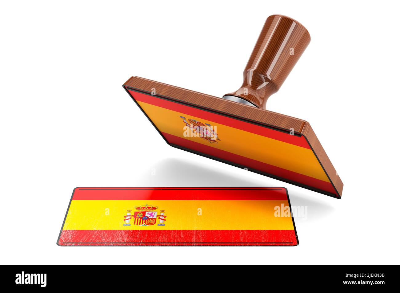 Wooden stamper, seal with Spanish flag, 3D rendering isolated on white