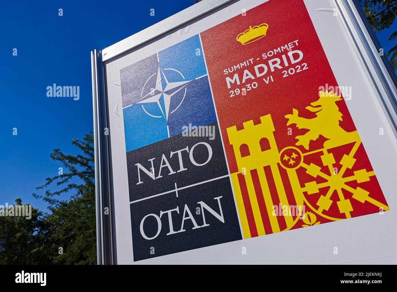Madrid, Krakow, Spain. 27th June, 2022. NATO Summit official logo is seen on a board two days ahead of the official event in Madrid, Spain on June 27, 2022. (Credit Image: © Beata Zawrzel/ZUMA Press Wire) Stock Photo