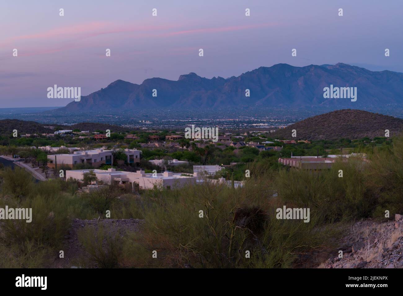 Tucson Arizona homes with Catalina Mountains in distance Stock Photo