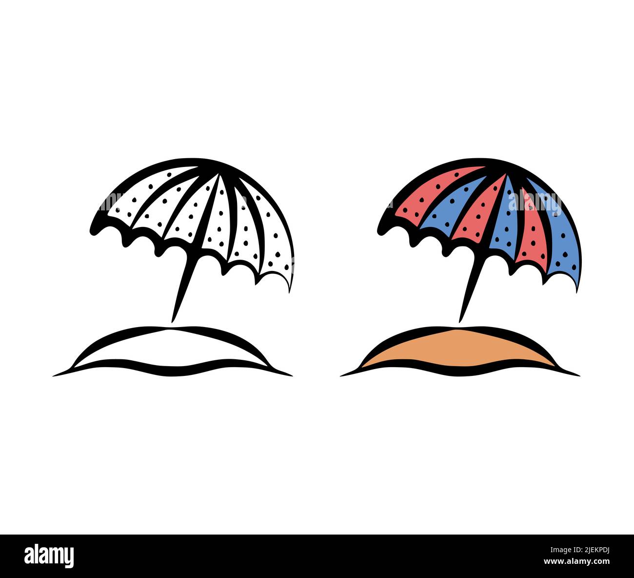 Vector illustration of a beach umbrella and sand in a hand drawn style ...
