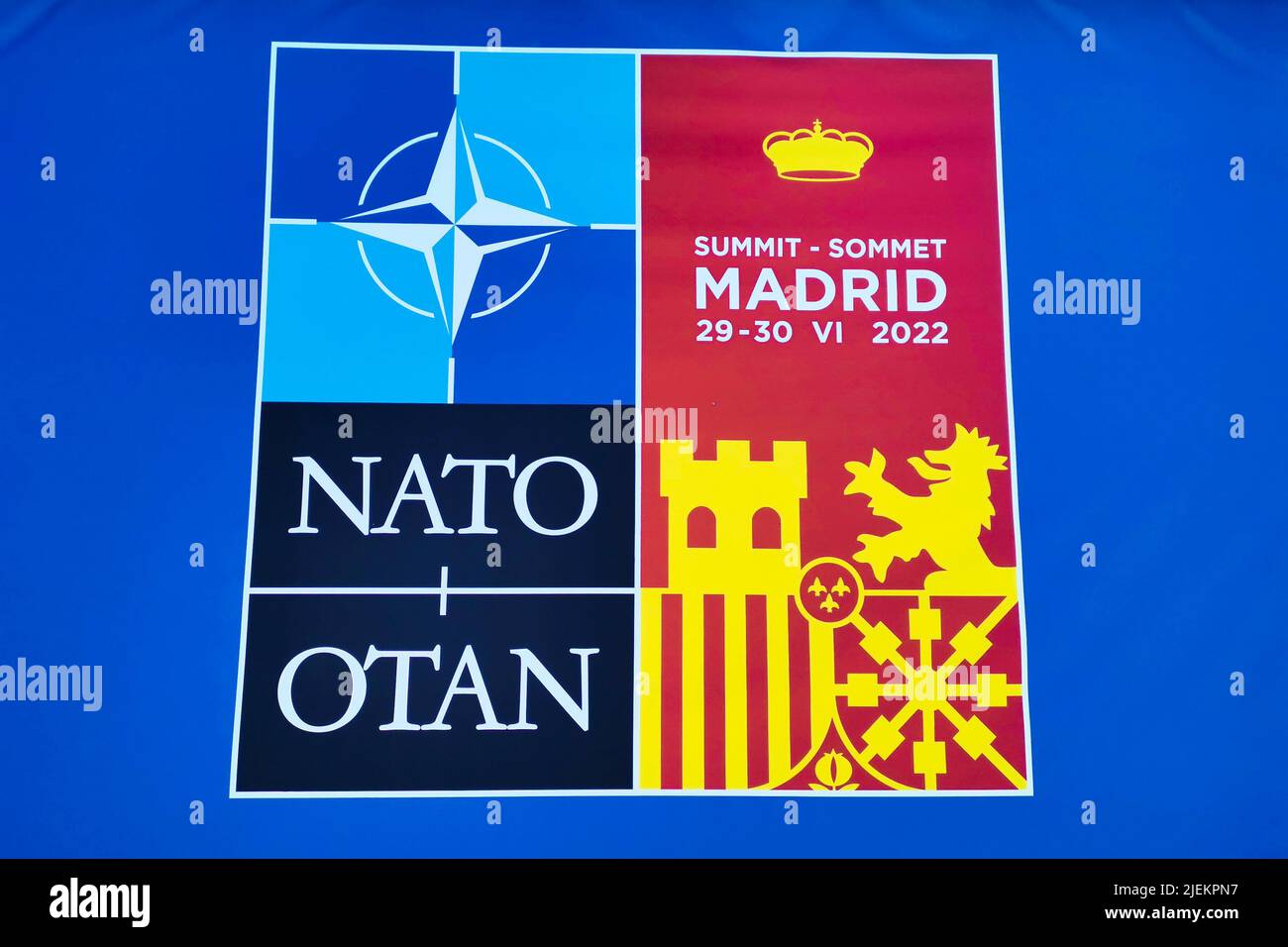 Madrid, Krakow, Spain. 27th June, 2022. NATO Summit official logo is seen by the press center two days ahead of the official event in Madrid, Spain on June 27, 2022. (Credit Image: © Beata Zawrzel/ZUMA Press Wire) Stock Photo