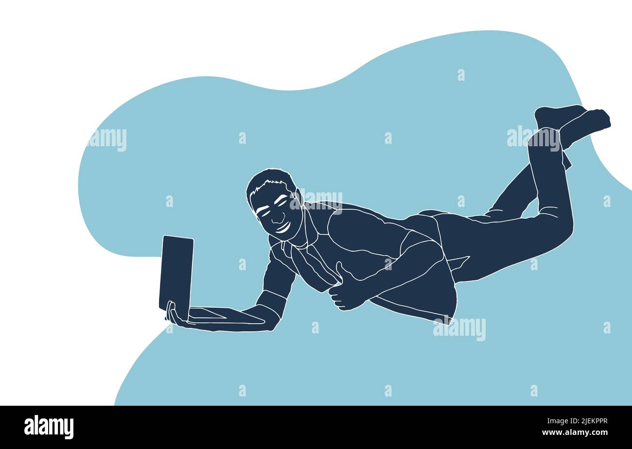 Business Man Hold Colleague With Wings Flying In Sky Using Laptop