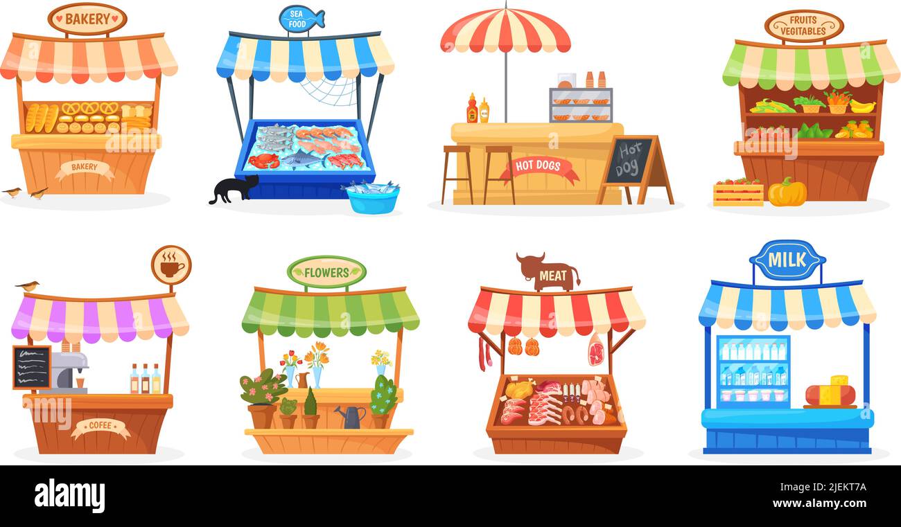 Cartoon street counter. Market stall festival stands buying farmer food product, wood kiosk commercial tent fresh bread coffee bakery farm sale, neat vector illustration stall market street festival Stock Vector
