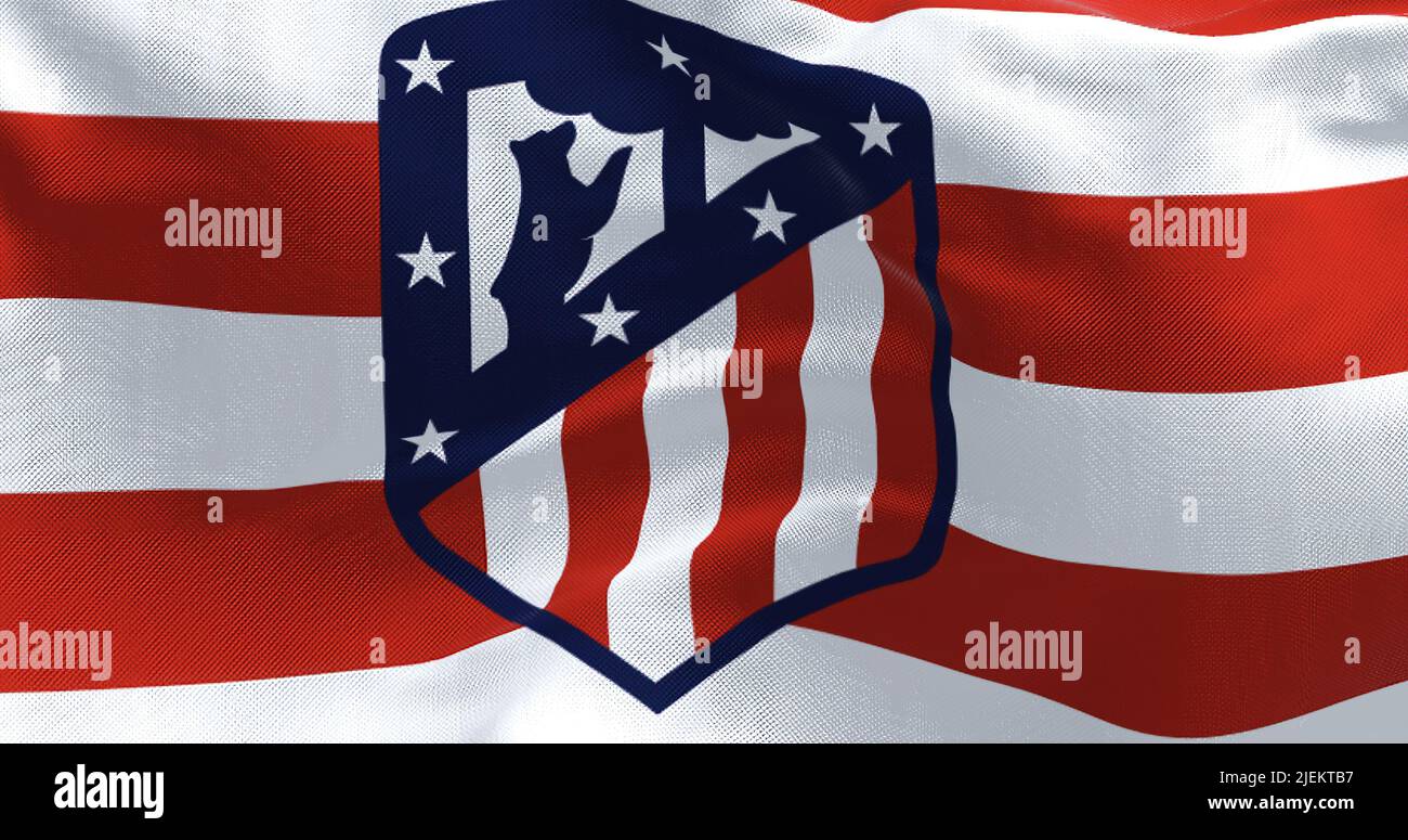Madrid, Spain, May 2022: The flag of Atletico Madrid waving in the wind. Atletico Madrid is a Spanish professional football club based in Madrid Stock Photo