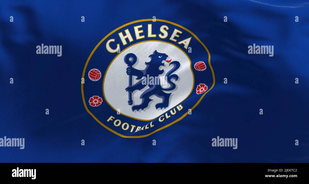 London, UK, May 2022: The flag of Chelsea Football Club waving in the wind. Chelsea F.C. is a professional football club based in Fulham, London Stock Photo