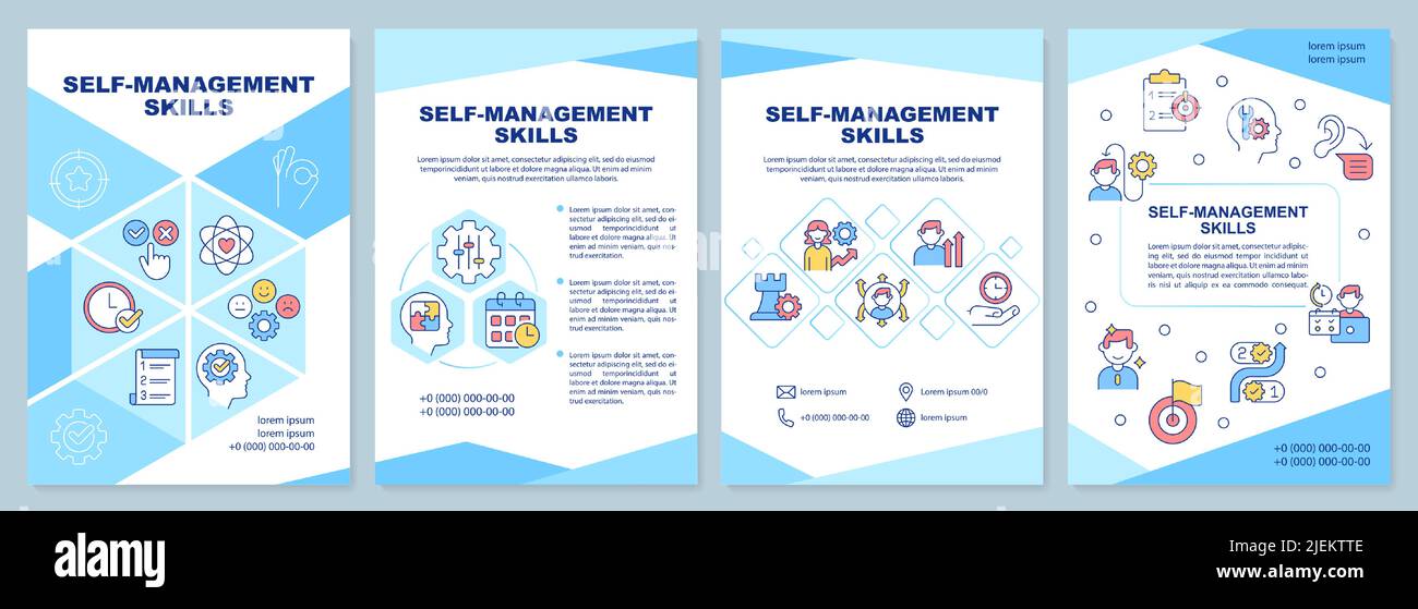 Self-management skills blue brochure template Stock Vector