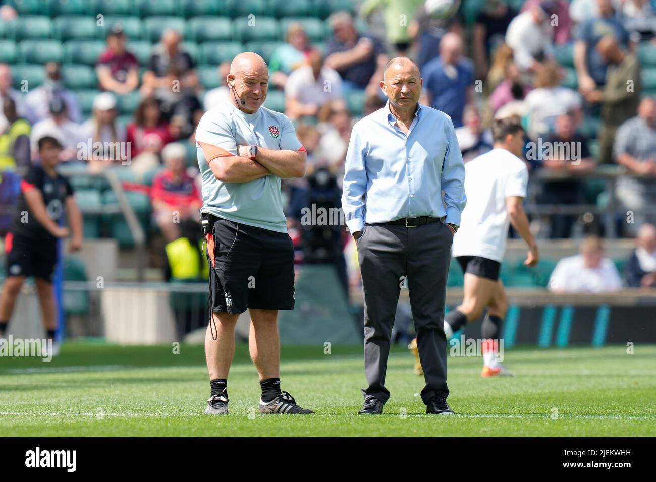 England Head Coach Eddie Jones and assistant Richard Cockerel watch the sides warm up before the England -V- Barbarians match at Twickenham Stadium, Middlesex, England on 19/06/2022 by (Steve Flynn/IOS) Stock Photo