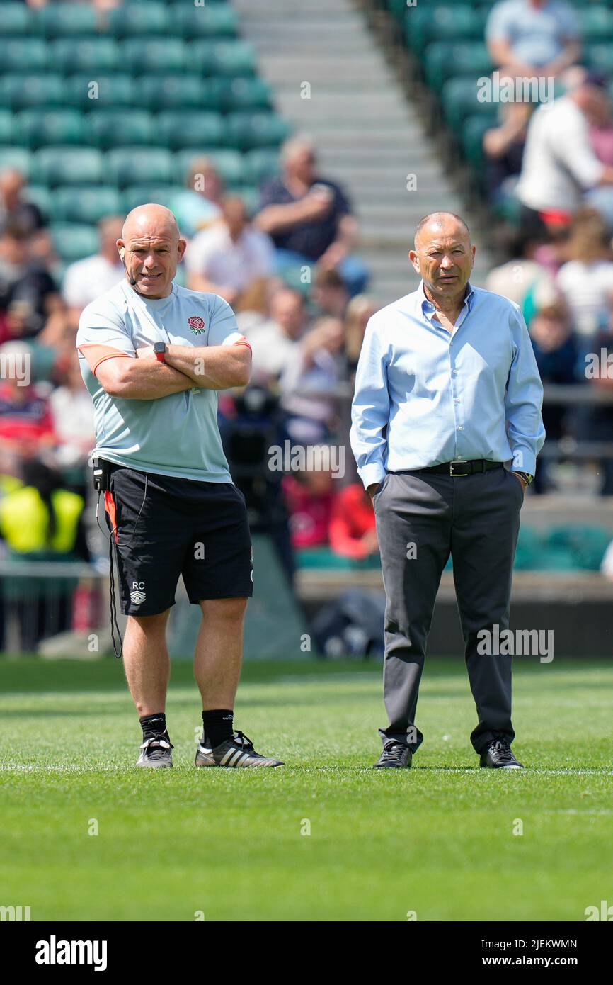 England Head Coach Eddie Jones and assistant Richard Cockerel watch the sides warm up before the England -V- Barbarians match at Twickenham Stadium, Middlesex, England on 19/06/2022 by (Steve Flynn/IOS) Stock Photo