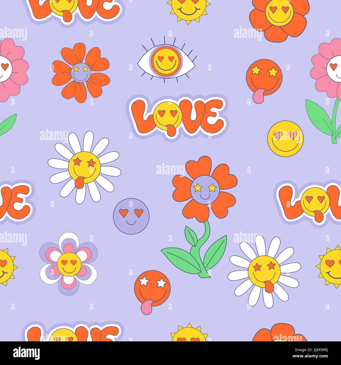 Smiley 80s Pattern Retro Seamless vector pattern with 70s, 80s, 90s vibes groovy elements ...