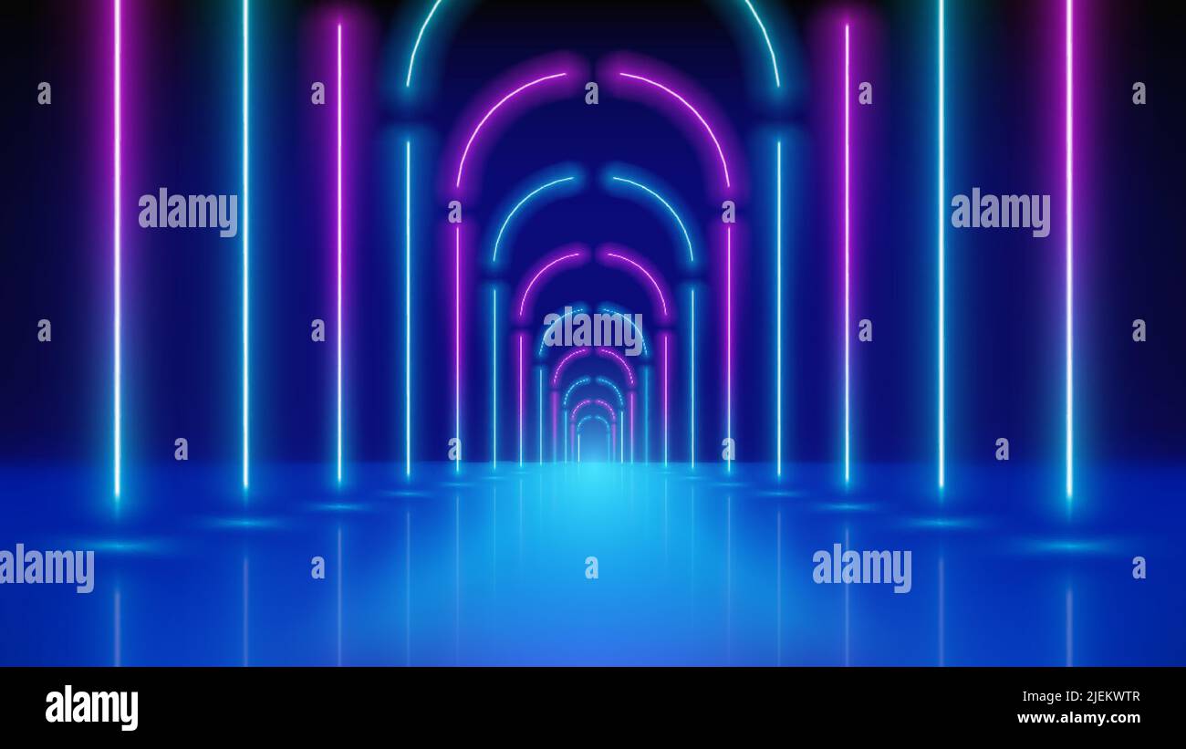 Glowing neon lines, tunnel, led arcade. Abstract technology background, virtual reality. Pink blue purple corridor neon arch, perspective. Ultraviolet Stock Vector