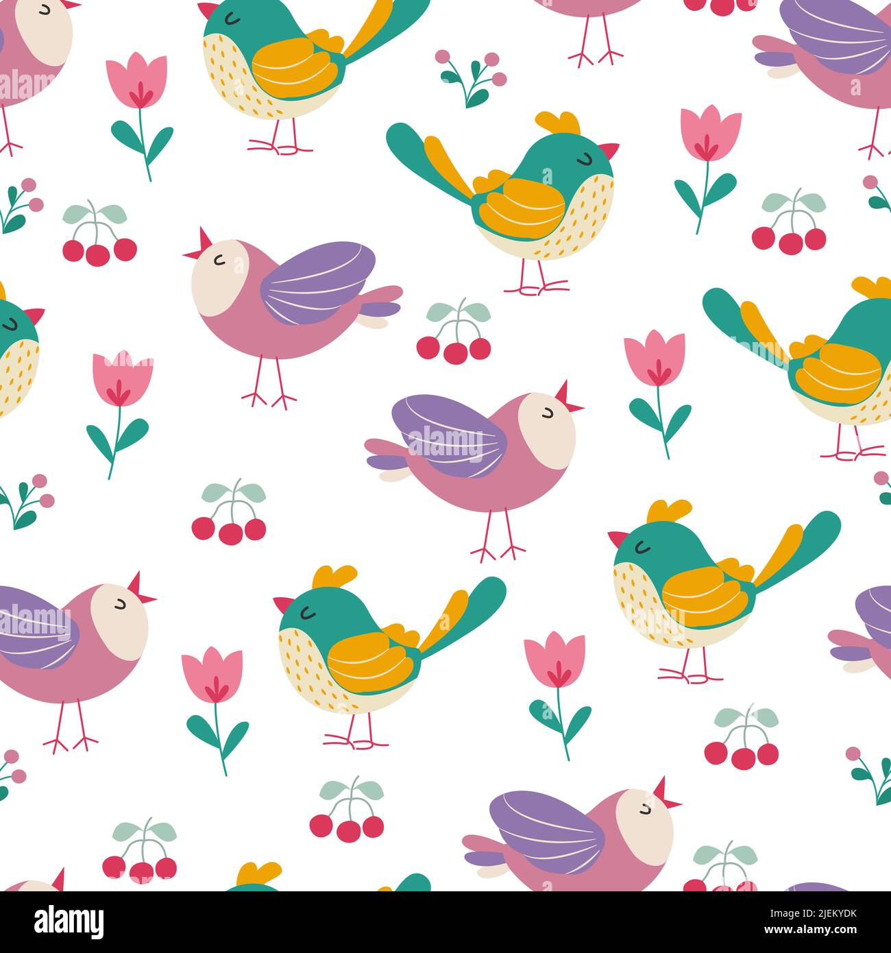 Colorful birds seamless pattern. Exotic birds in different print poses. Vector illustration Stock Vector