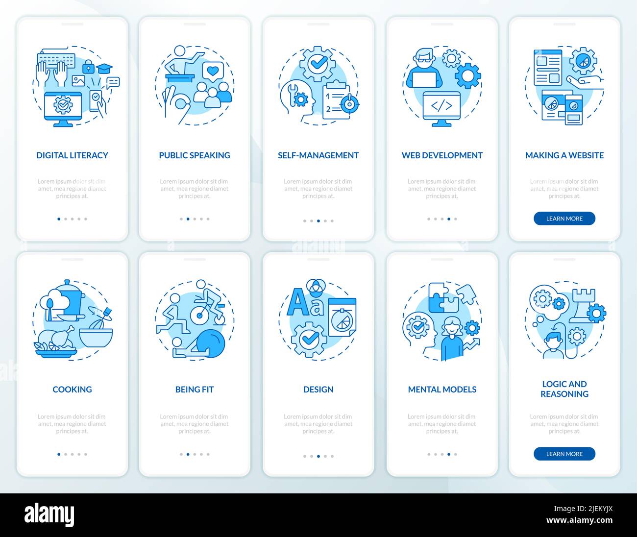 Important life skills blue onboarding mobile app screen set Stock ...