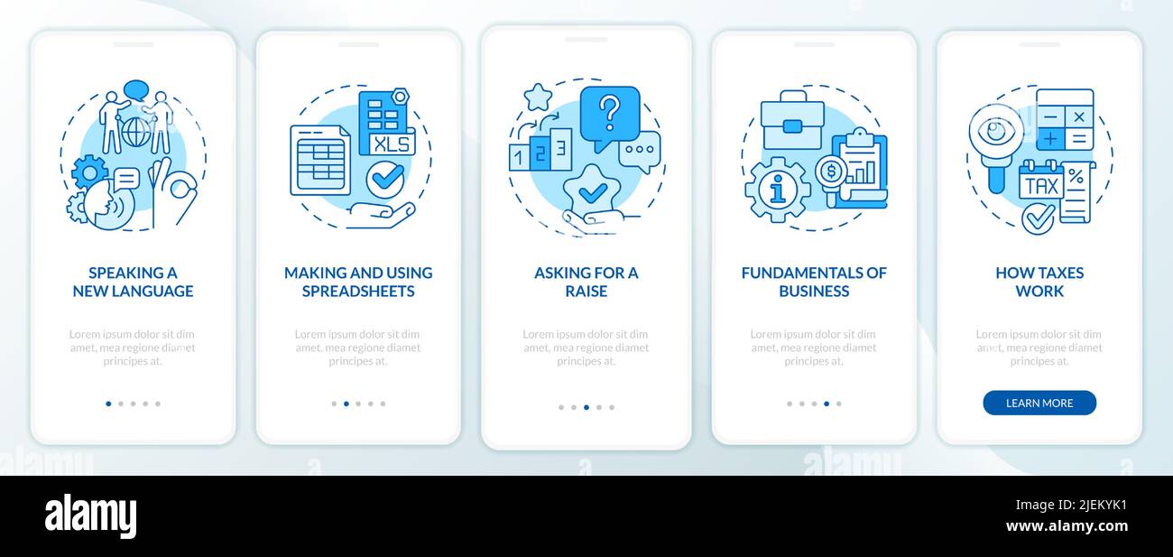 Experiences blue onboarding mobile app screen Stock Vector
