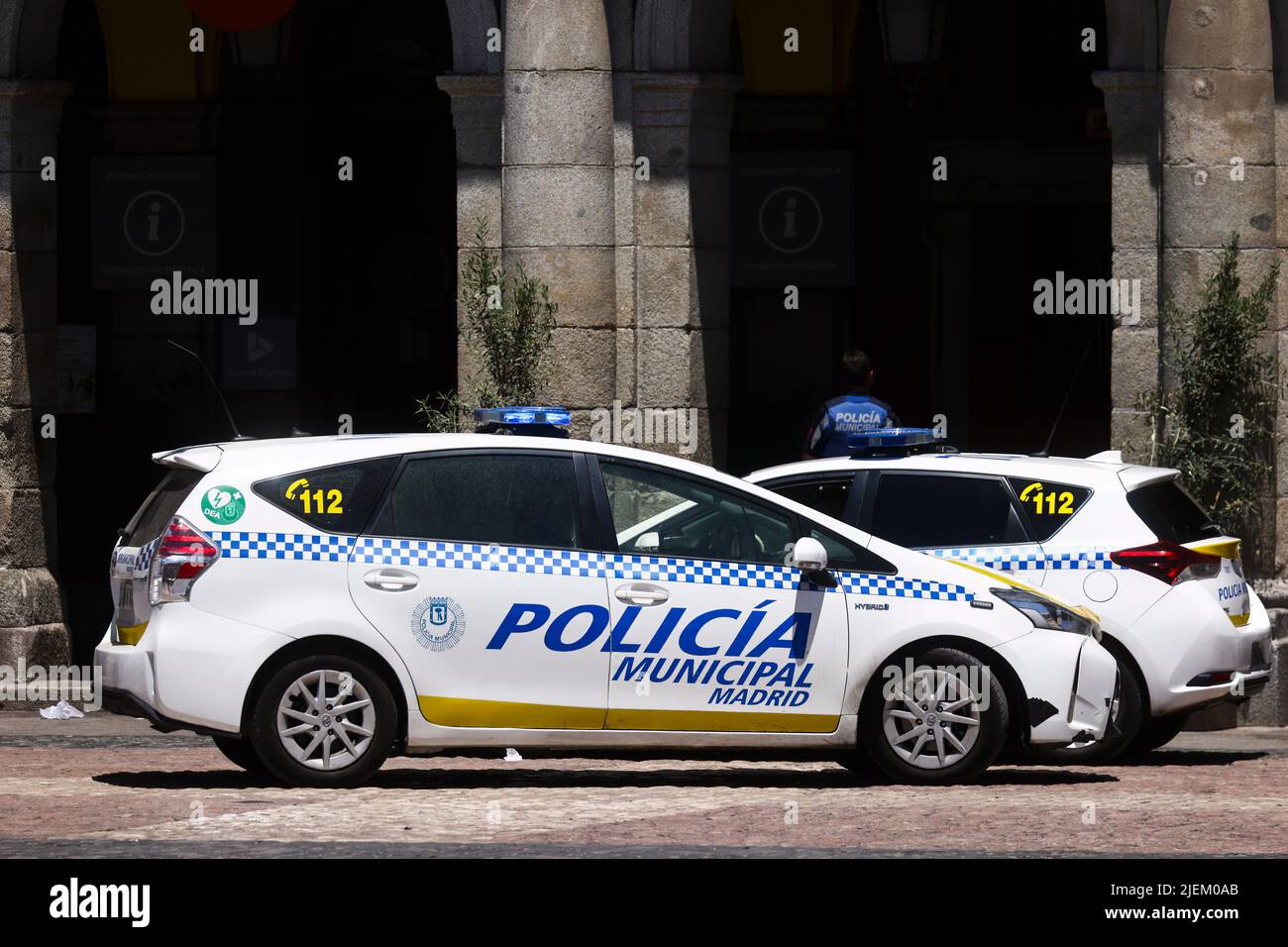 Madrid, Krakow, Spain. 27th June, 2022. Municipal Police cars are seen at Plaza Mayor two days ahead of NATO Summit in Madrid, Spain on June 27, 2022. (Credit Image: © Beata Zawrzel/ZUMA Press Wire) Stock Photo