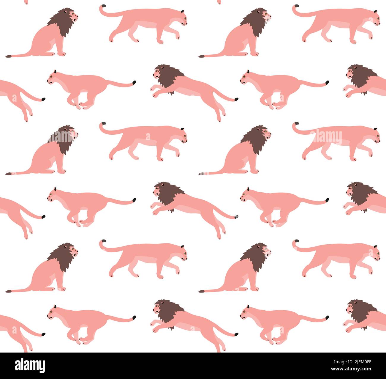Vector seamless pattern of flat pink lions isolated on white background ...