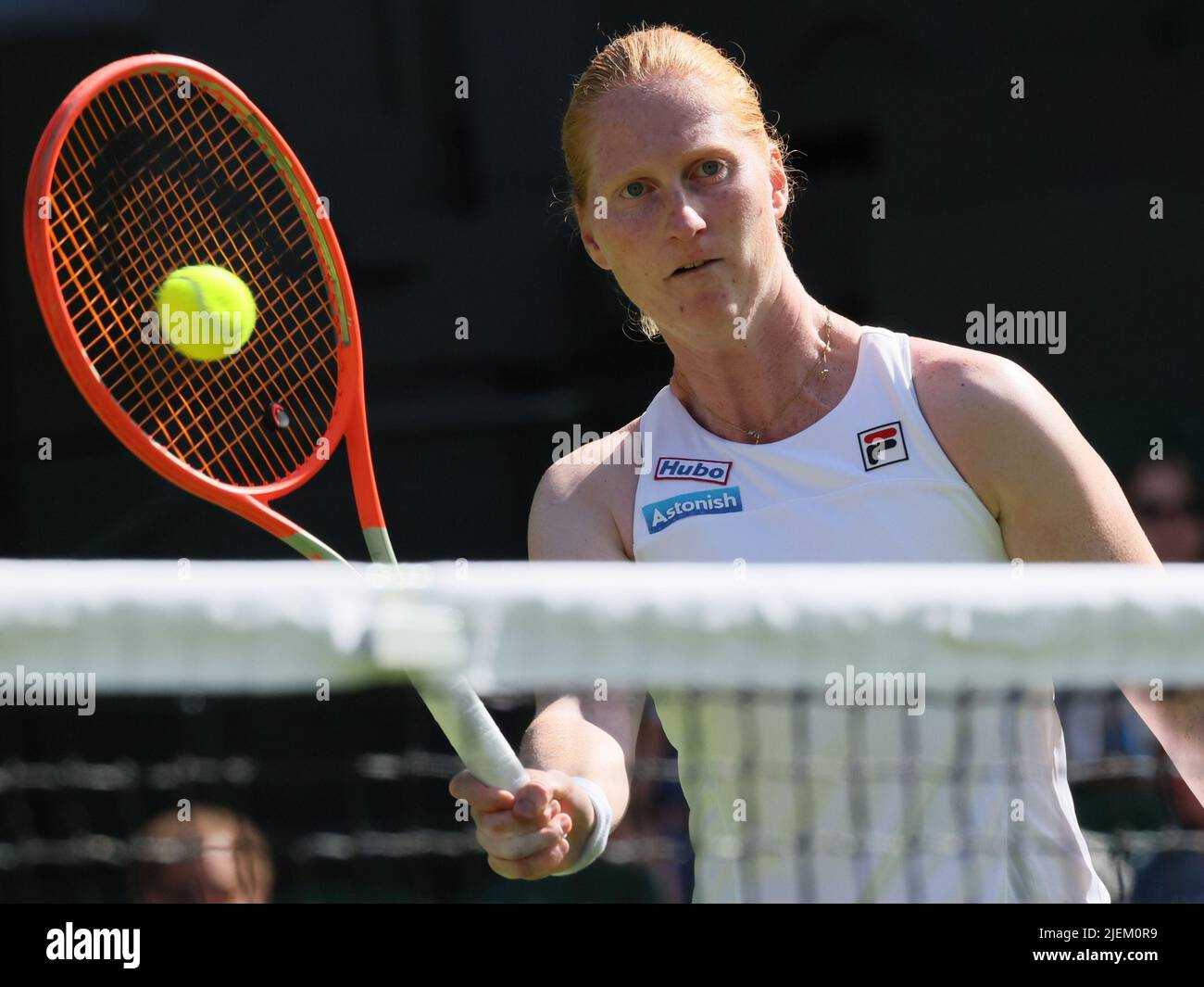 Belgian Alison Van Uytvanck pictured in action during a first round game in the womens singles tournament between Belgian Van Uytvanck (WTA 46) and Great-Britains Raducanu (WTA 11) at the 2022 Wimbledon