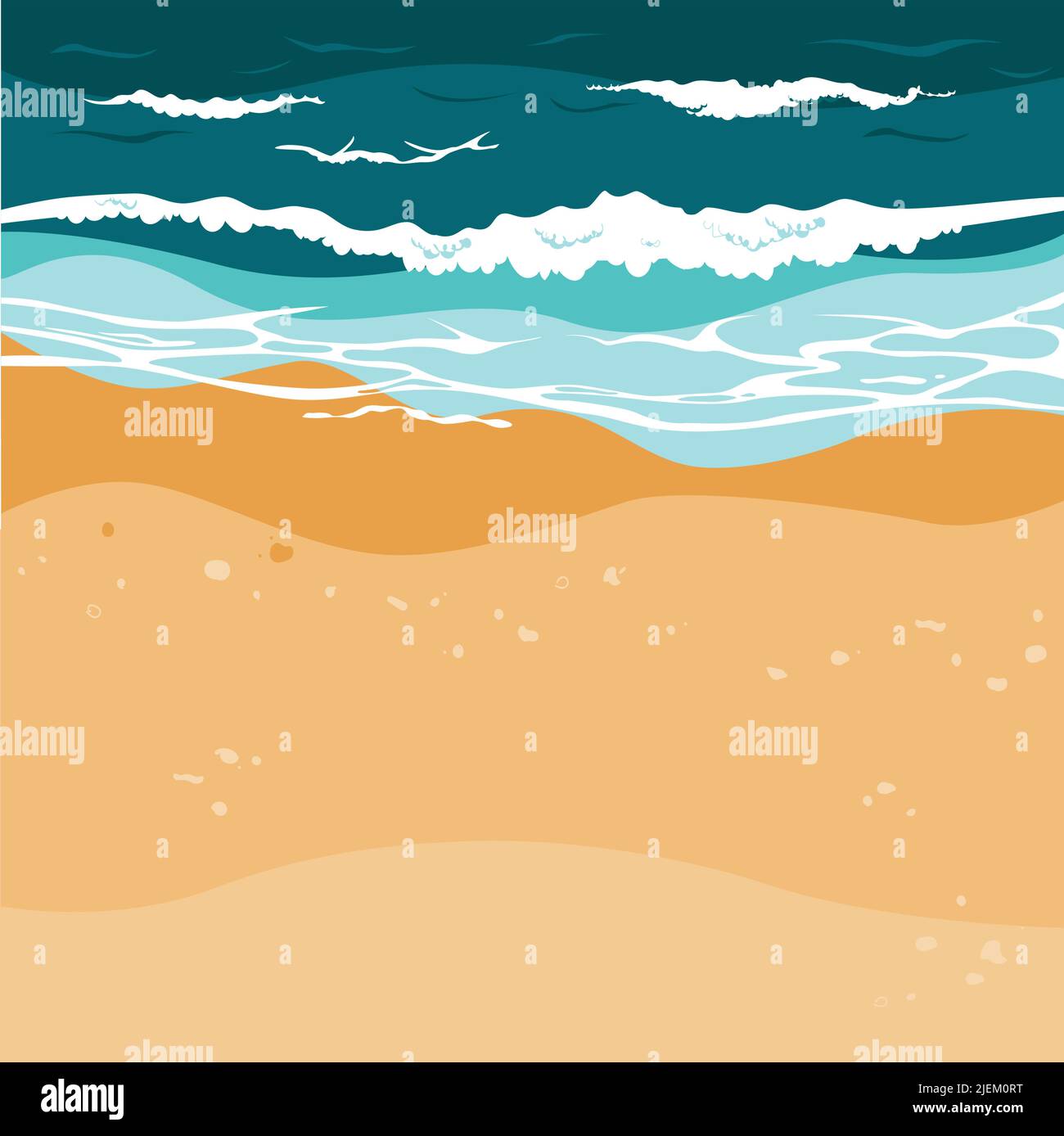 High angle view of summer beach landscape with sea waves and sand. Foamy waves runs over the sandy shore top view. Square shape Hand drawn background Stock Vector