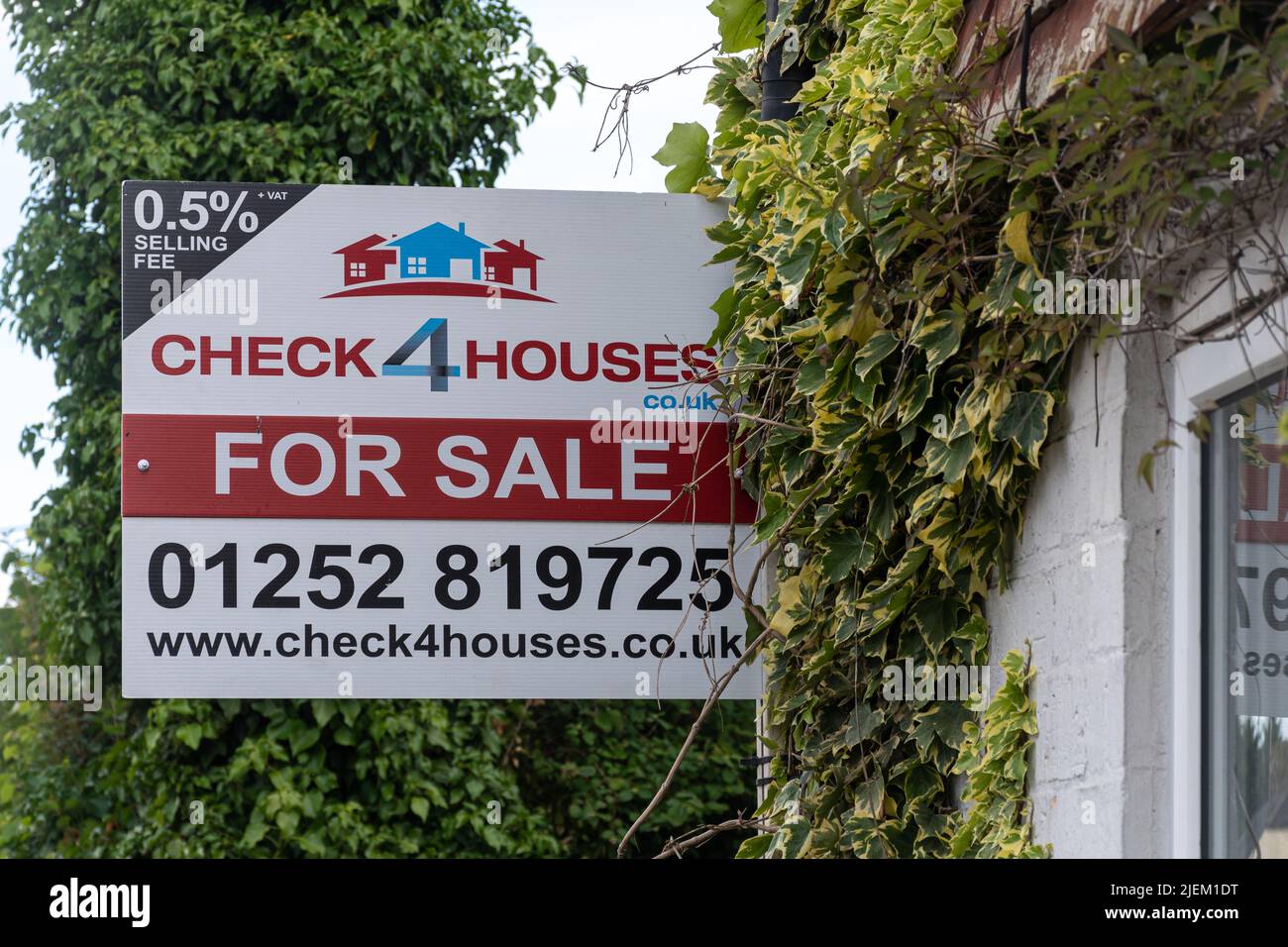Check4Houses estate agents for sale board outside a house, Hampshire, England, UK Stock Photo