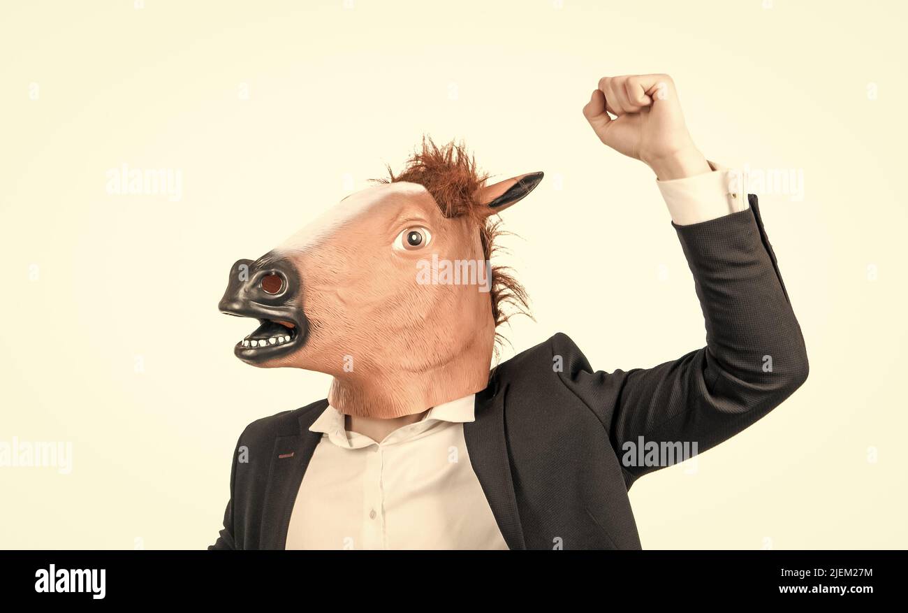 Hardworking professional. Hardworking man. Businessman in horse head and suit. Workhorse Stock Photo