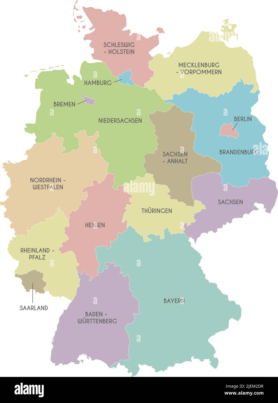 Vector map of Germany with federated states or regions and administrative divisions. Editable and clearly labeled layers. Stock Vector