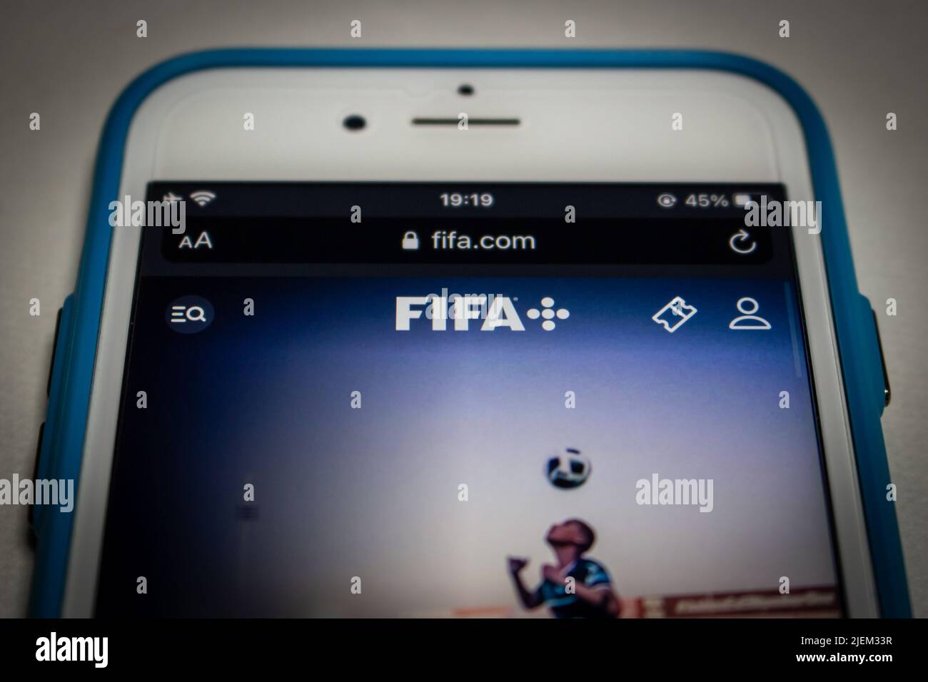 Kumamoto, JAPAN - May 11 2022 : The logo of FIFA+ (FIFA Plus), the video streaming service from FIFA, on its website on an iPhone in a dark mood. Stock Photo