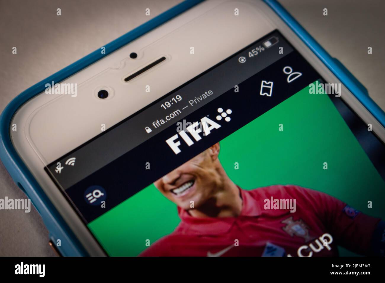 Kumamoto, JAPAN - May 11 2022 : The logo of FIFA+ (FIFA Plus), the video streaming service from FIFA, on its website on an iPhone in a dark mood. Stock Photo