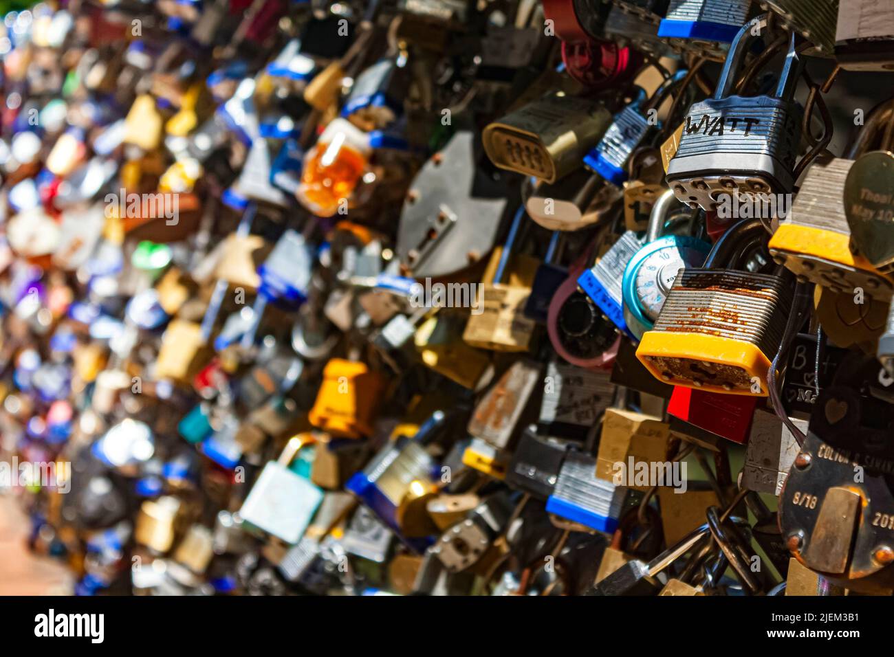 Love locks on a bridge Stock Photo