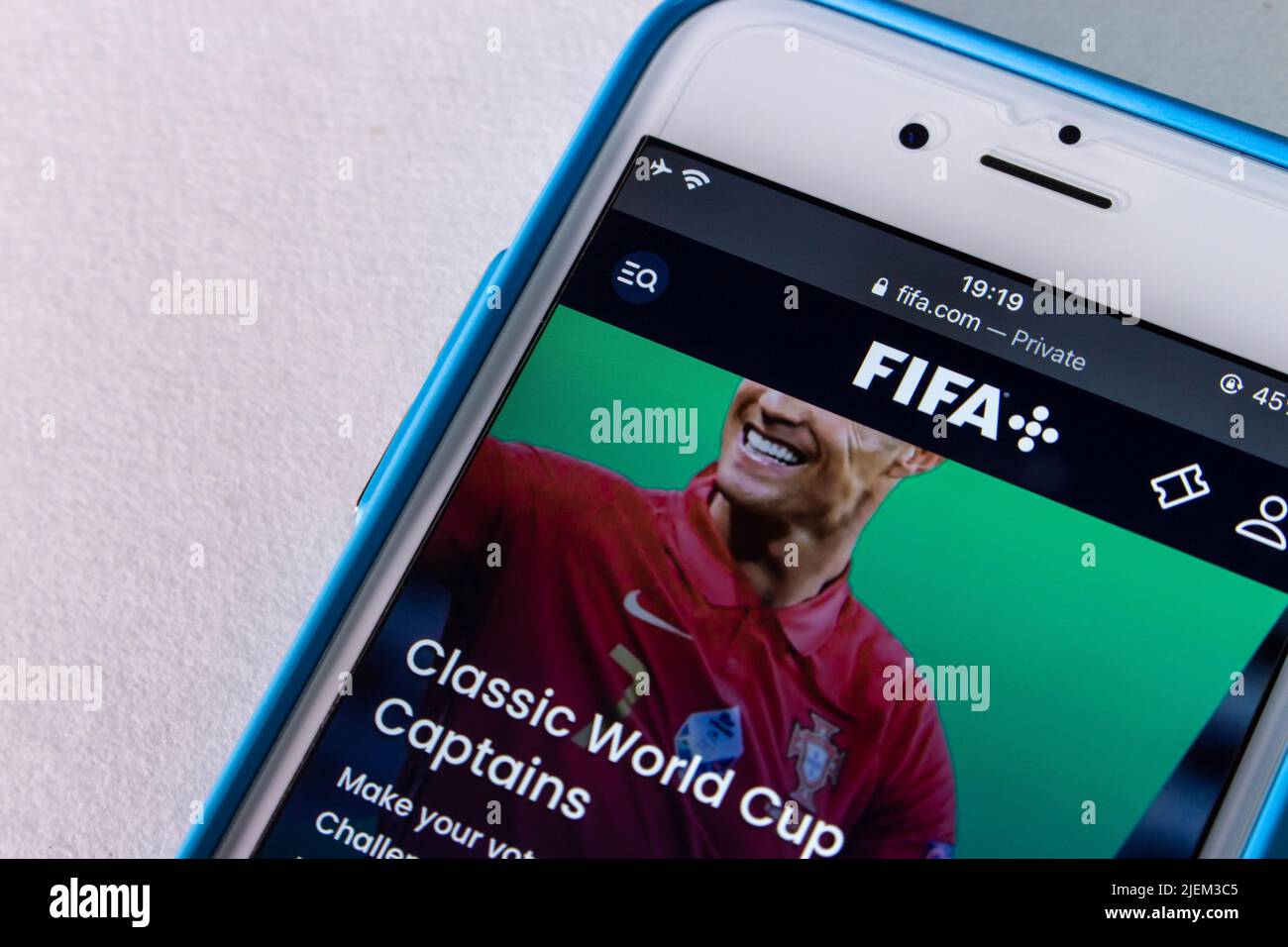 Kumamoto, JAPAN - May 11 2022 : The logo of FIFA+ (FIFA Plus), the video streaming service from FIFA, on its website on an iPhone. Stock Photo