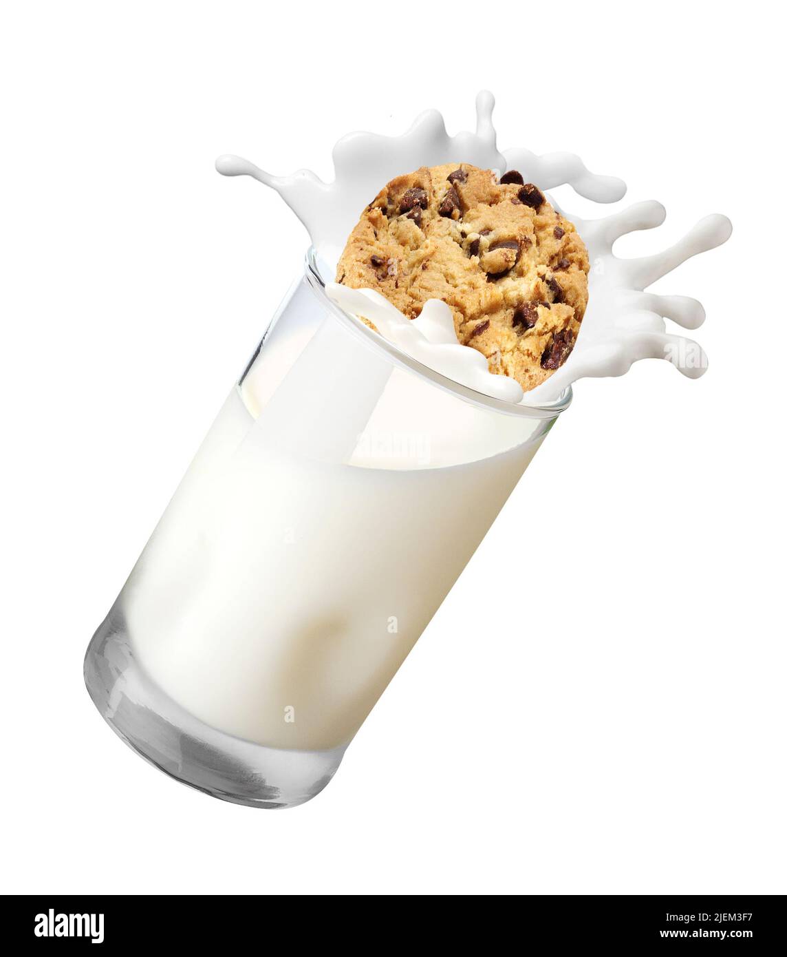 Chocolate Chip Cookie Dropping onto a Glass of Milk Stock Photo