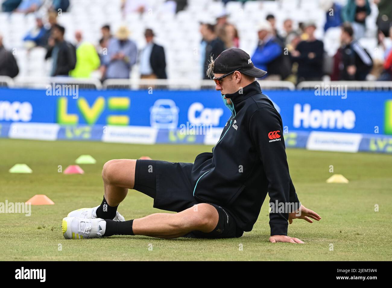 Kyle Jamieson of New Zealand stretching during day 2 of the 2nd Test between the New Zealand Blackcaps and England at Trent Bridge Cricket Ground, Nottingham, England on Saturday 11 June 2022. Stock Photo