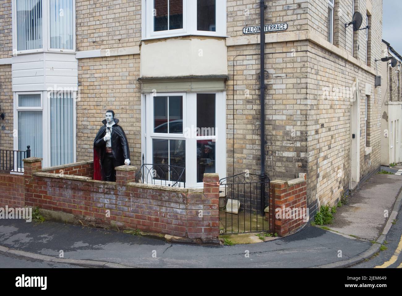 Dracula outside a house in Whitby, north Yorkshire Stock Photo