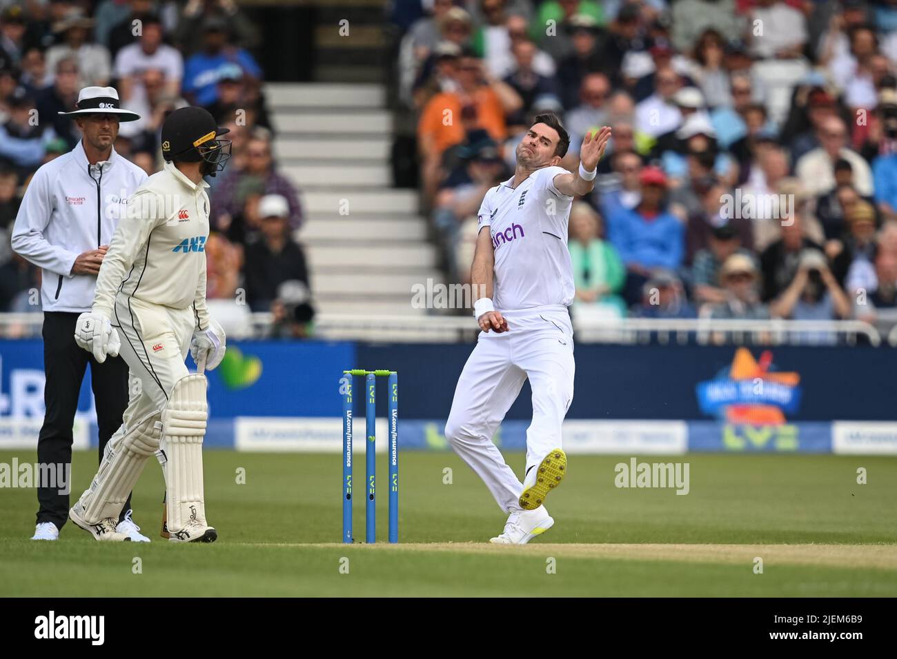 James Anderson of England delivers the ball during day 2 of the 2nd Test between the New Zealand Blackcaps and England at Trent Bridge Cricket Ground, Nottingham, England on Saturday 11 June 2022. Stock Photo