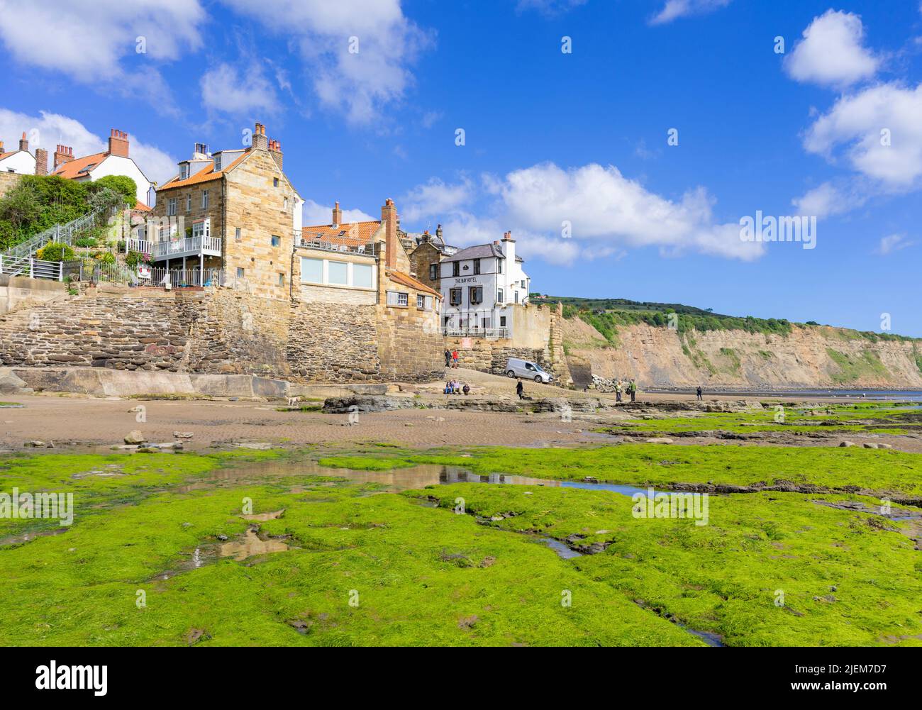 Robin Hood's Bay Yorkshire with the Bay Hotel sandy beach and seaweed covered rocks with the village of Robin Hood's Bay Yorkshire England UK GB Stock Photo