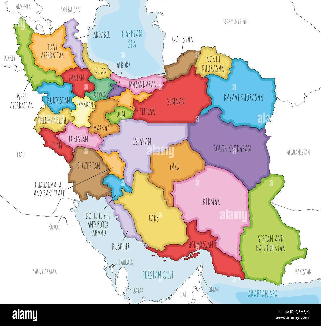 Vector illustrated map of Iran with provinces and administrative divisions, and neighbouring countries. Editable and clearly labeled layers. Stock Vector