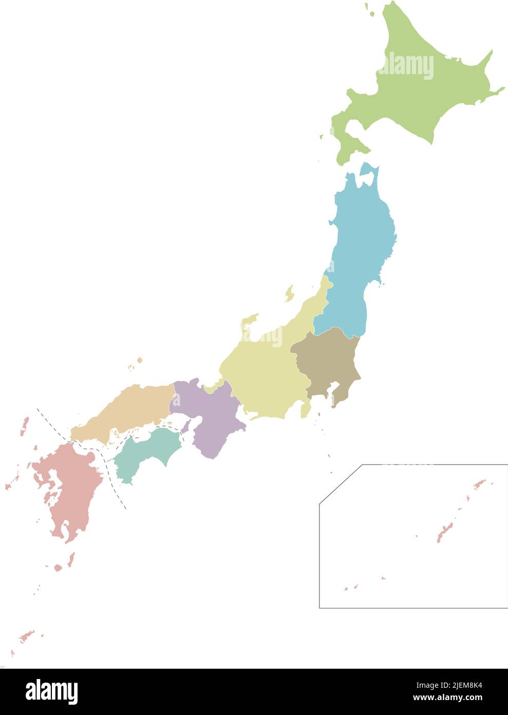 Vector blank map of Japan with regions and administrative divisions. Editable and clearly labeled layers. Stock Vector