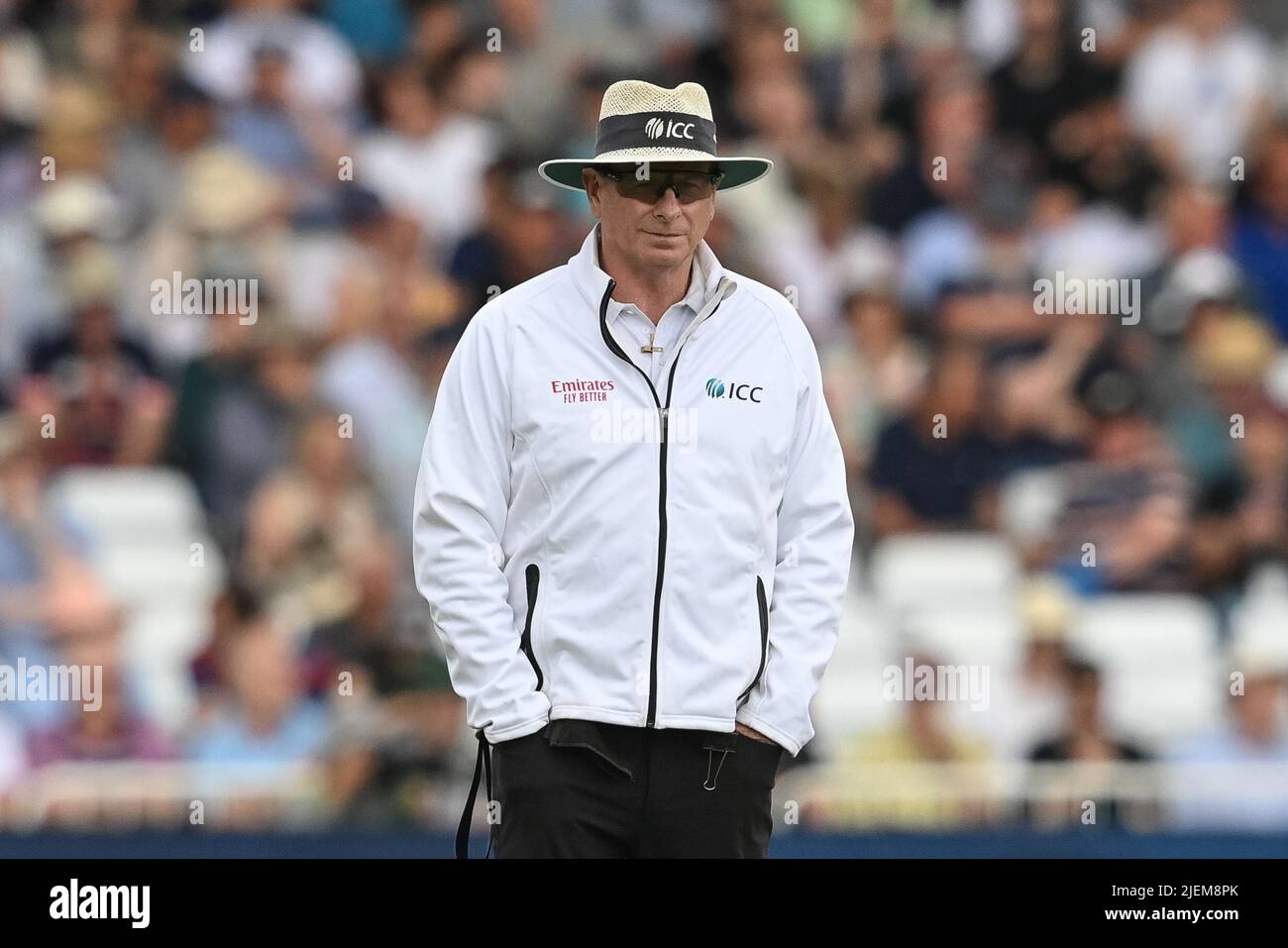 On field umpire Paul Reiffel during day 2 of the 2nd Test between the New Zealand Blackcaps and England at Trent Bridge Cricket Ground, Nottingham, England on Saturday 11 June 2022. Stock Photo
