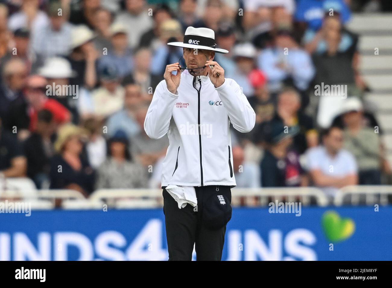 On field umpire Michael Gough during day 2 of the 2nd Test between the New Zealand Blackcaps and England at Trent Bridge Cricket Ground, Nottingham, England on Saturday 11 June 2022. Stock Photo