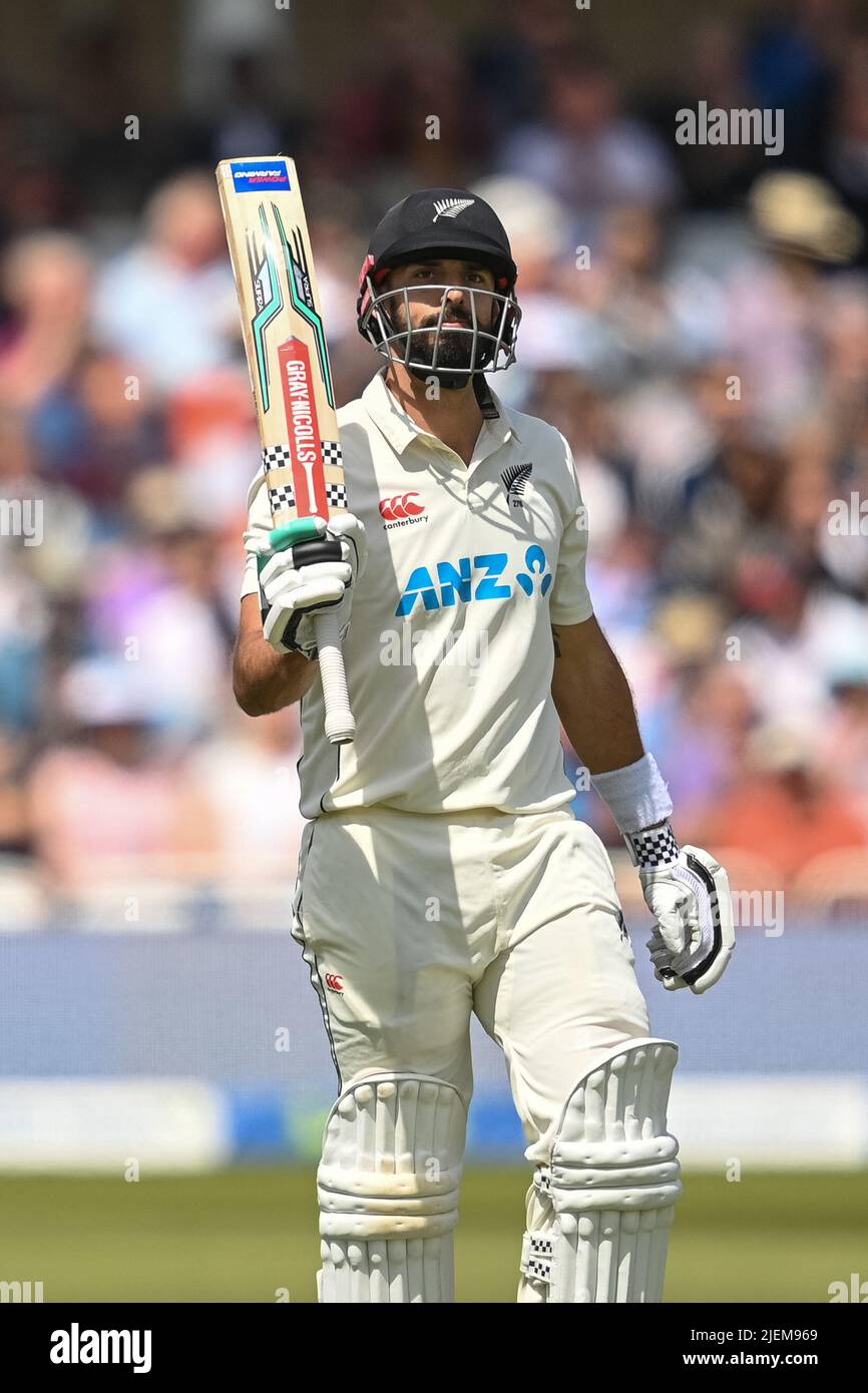 Daryl Mitchell of New Zealand celibates hitting 150 runs during day 2 of the 2nd Test between the New Zealand Blackcaps and England at Trent Bridge Cricket Ground, Nottingham, England on Saturday 11 June 2022. Stock Photo