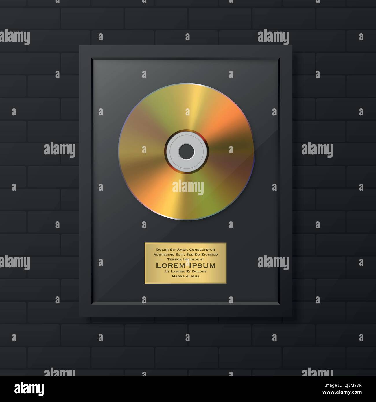 Realistic Vector 3d Golden Yellow CD and Label with Black Frame on Black Brick Wall. Single Album Compact Disc Award, Limited Edition. Design Template Stock Vector