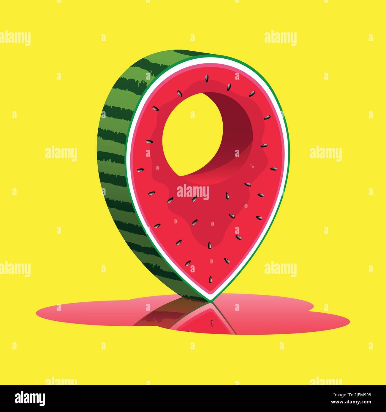 Watermelon 3D GPS icon/illustration on yellow background with reflection Stock Vector