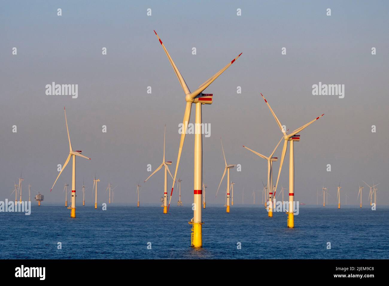 Wind turbines at an offshore wind farm off the coast of Amsterdam. Stock Photo
